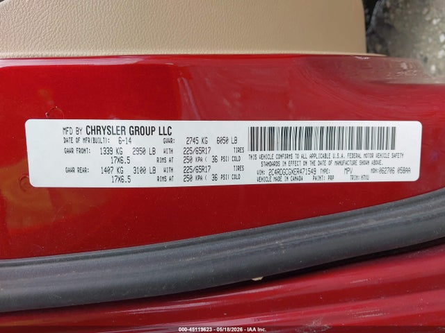 2014 Dodge Grand Caravan Sxt მანქანა იყიდება აუქციონზე, vin: 2C4RDGCGXER471549, აუქციონის ნომერი: 45119623