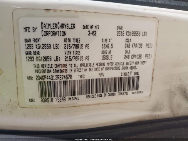 45119637 :رقم المزاد ، 2D4GP44313R274570 vin ، 2003 Dodge Grand Caravan Sport مزاد بيع