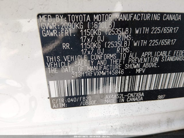 2021 Toyota Rav4 Le მანქანა იყიდება აუქციონზე, vin: 2T3H1RFVXMW145846, აუქციონის ნომერი: 45119678