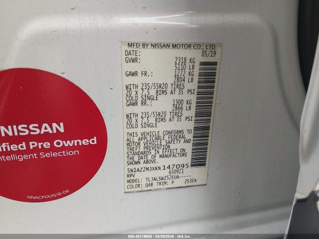 45119688 :رقم المزاد ، 5N1AZ2MJXKN147095 vin ، 2019 Nissan Murano Platinum مزاد بيع