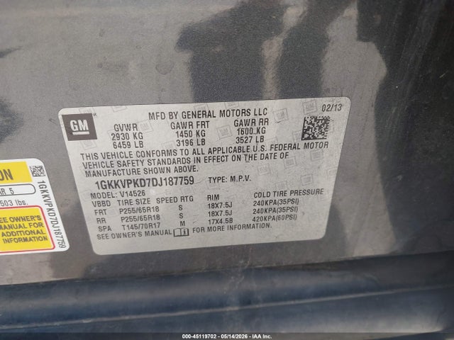 Продажа на аукционе авто 2013 Gmc Acadia Sle-2, vin: 1GKKVPKD7DJ187759, номер лота: 45119702