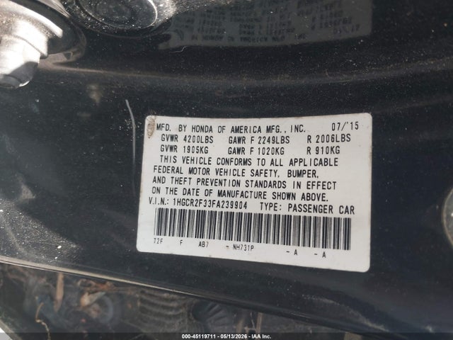 45119711 :رقم المزاد ، 1HGCR2F33FA239904 vin ، 2015 Honda Accord Lx مزاد بيع