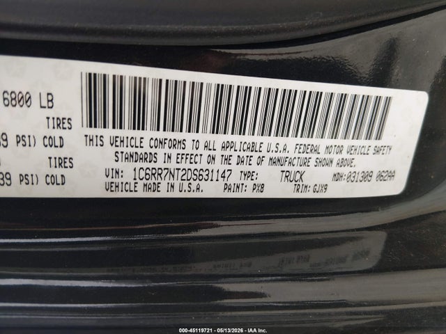 2013 Ram 1500 Laramie მანქანა იყიდება აუქციონზე, vin: 1C6RR7NT2DS631147, აუქციონის ნომერი: 45119721