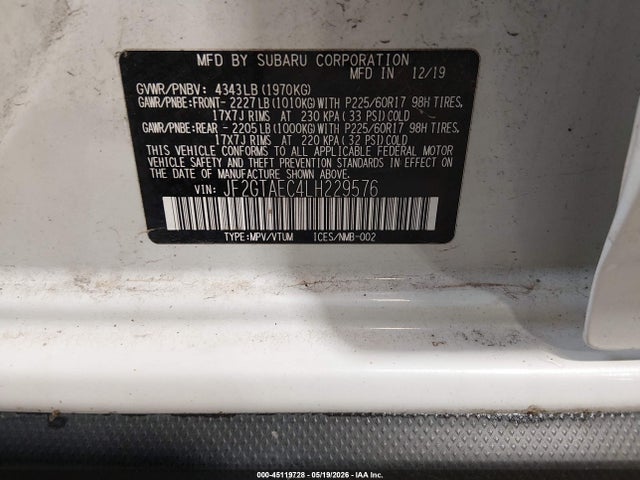 Продаж на аукціоні авто 2020 Subaru Crosstrek Premium, vin: JF2GTAEC4LH229576, номер лоту: 45119728