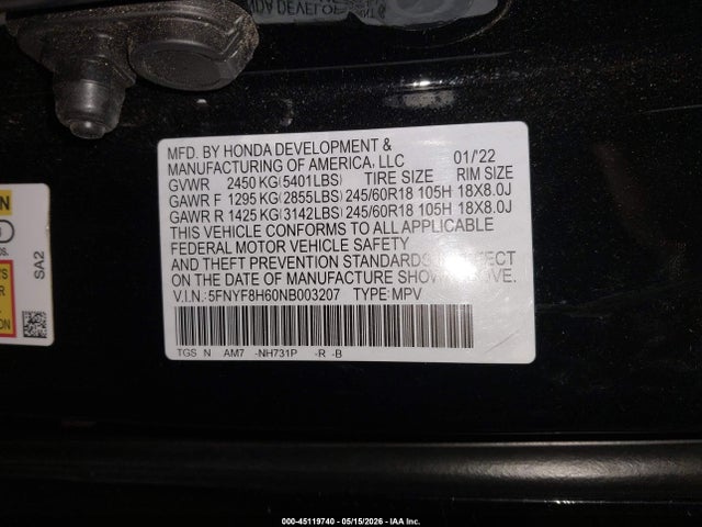 2022 Honda Passport Awd Trailsport მანქანა იყიდება აუქციონზე, vin: 5FNYF8H60NB003207, აუქციონის ნომერი: 45119740