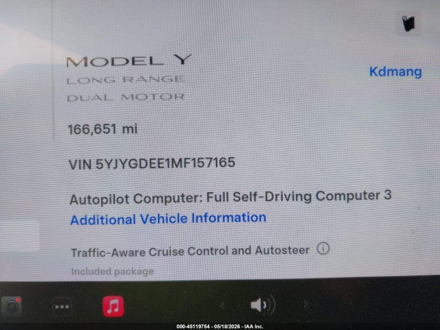 45119754 :رقم المزاد ، 5YJYGDEE1MF157165 vin ، 2021 Tesla Model Y Long Range Dual Motor All-wheel Drive مزاد بيع