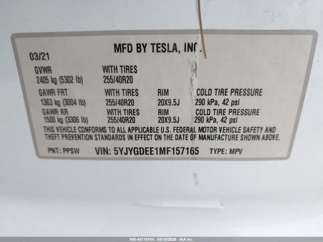 45119754 :رقم المزاد ، 5YJYGDEE1MF157165 vin ، 2021 Tesla Model Y Long Range Dual Motor All-wheel Drive مزاد بيع