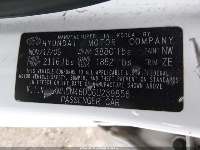 Aukcja sprzedaży 2006 Hyundai Elantra Gls/limited, vin: KMHDN46D06U239856, numer aukcji: 45119756