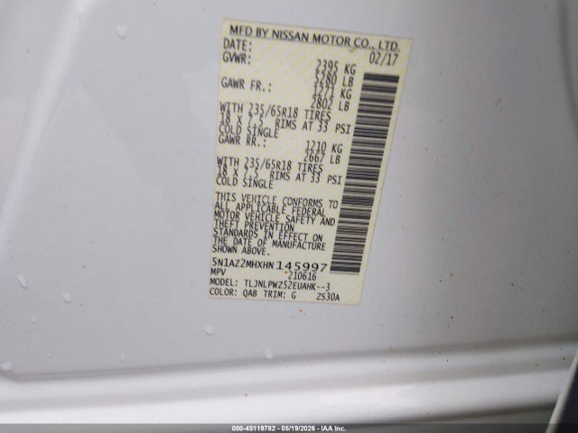 45119782 :رقم المزاد ، 5N1AZ2MHXHN145997 vin ، 2017 Nissan Murano S مزاد بيع