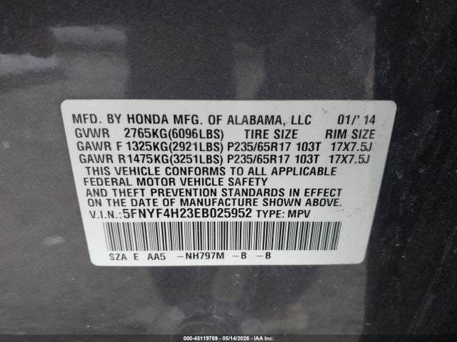 Продажа на аукционе авто 2014 Honda Pilot Lx, vin: 5FNYF4H23EB025952, номер лота: 45119789