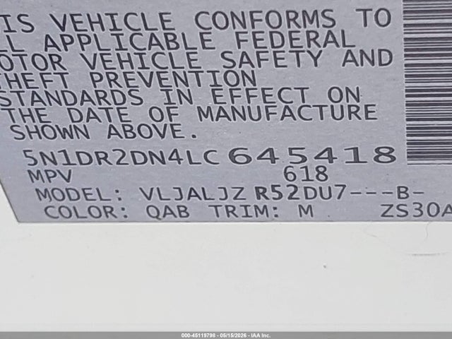 5N1DR2DN4LC645418 Nissan Pathfinder Platinum 2wd