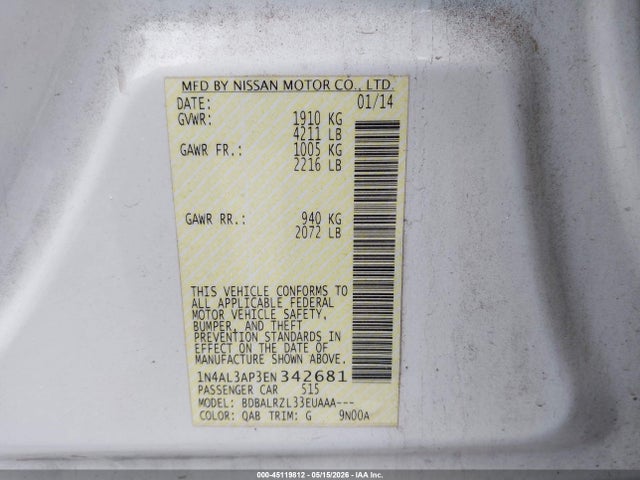 1N4AL3AP3EN342681 Nissan Altima 2.5/2.5 S/2.5 Sl/2.5 Sv
