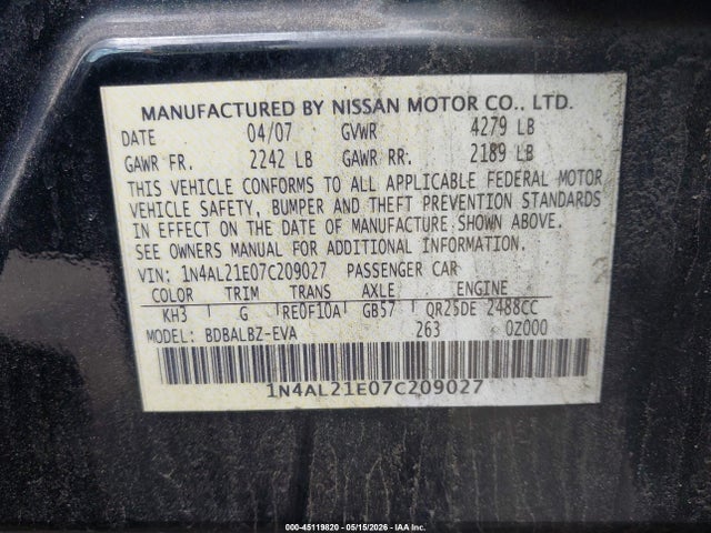 45119820 :رقم المزاد ، 1N4AL21E07C209027 vin ، 2007 Nissan Altima 2.5 S مزاد بيع