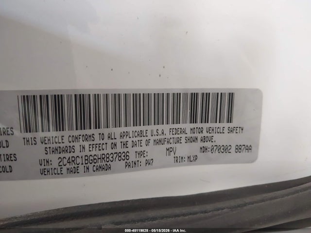 Продажа на аукционе авто 2017 Chrysler Pacifica Touring-l, vin: 2C4RC1BG6HR837836, номер лота: 45119828