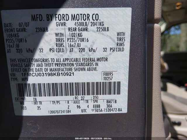 Продаж на аукціоні авто 2008 Ford Escape Xlt, vin: 1FMCU03198KB10921, номер лоту: 45119829