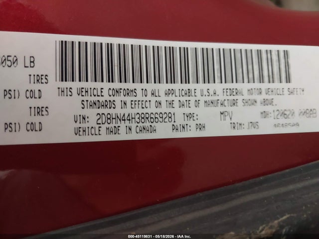 45119831 :رقم المزاد ، 2D8HN44H38R669281 vin ، 2008 Dodge Grand Caravan Se مزاد بيع