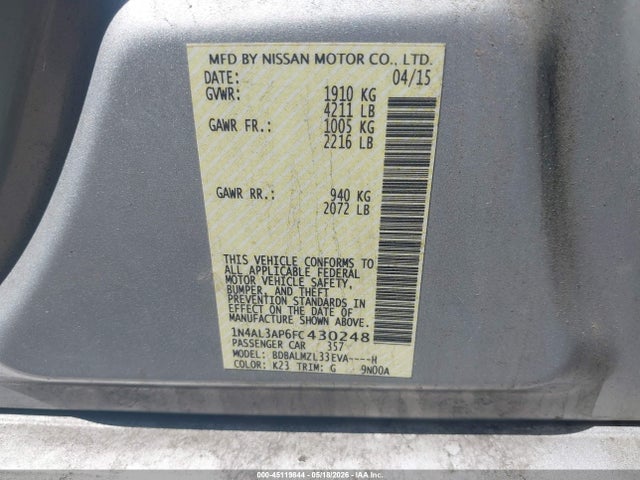 Продаж на аукціоні авто 2015 Nissan Altima 2.5 Sv, vin: 1N4AL3AP6FC430248, номер лоту: 45119844