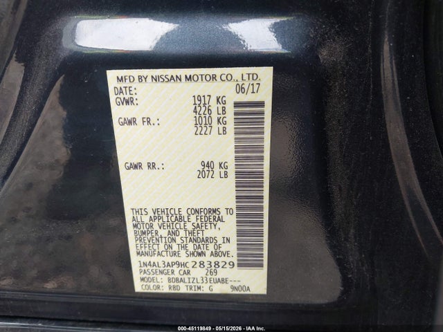 Продаж на аукціоні авто 2017 Nissan Altima 2.5 Sv, vin: 1N4AL3AP9HC283829, номер лоту: 45119849