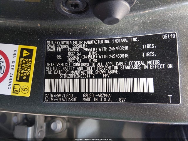 Aukcja sprzedaży 2019 Toyota Highlander Xle, vin: 5TDKZRFH3KS334412, numer aukcji: 45119858