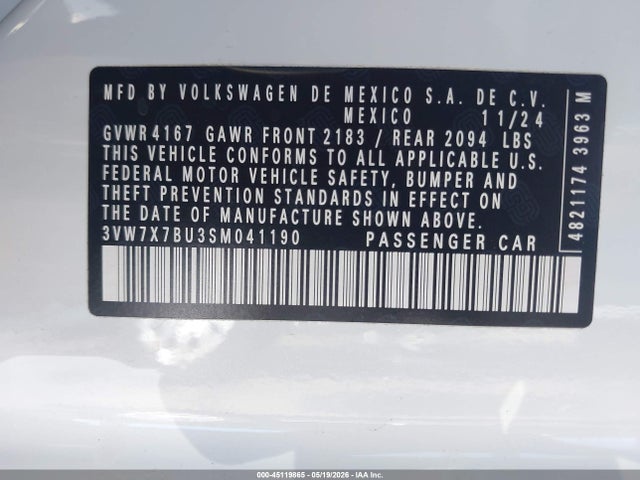 Продаж на аукціоні авто 2025 Volkswagen Jetta 1.5t Se, vin: 3VW7X7BU3SM041190, номер лоту: 45119865
