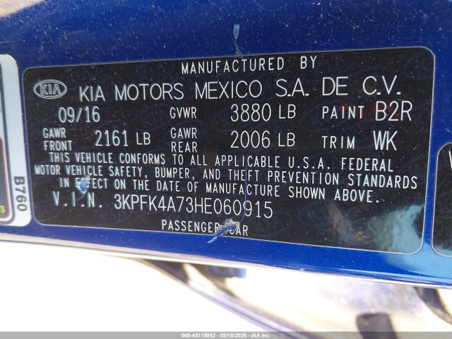 Продажа на аукционе авто 2017 Kia Forte Lx, vin: 3KPFK4A73HE060915, номер лота: 45119952
