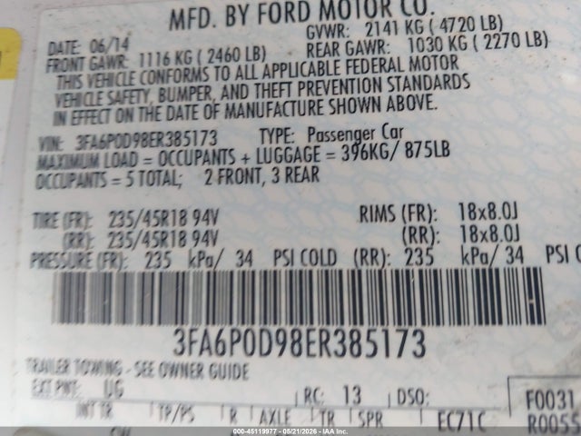 45119977 :رقم المزاد ، 3FA6P0D98ER385173 vin ، 2014 Ford Fusion Titanium مزاد بيع