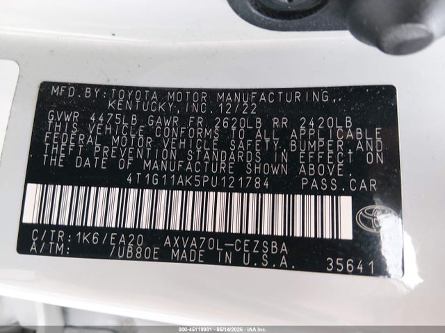 2023 Toyota Camry Se მანქანა იყიდება აუქციონზე, vin: 4T1G11AK5PU121784, აუქციონის ნომერი: 45119981