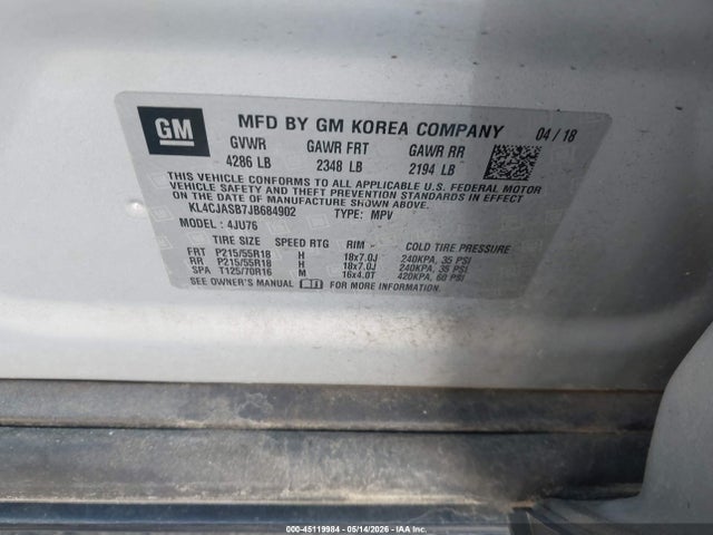 Продажа на аукционе авто 2018 Buick Encore Preferred, vin: KL4CJASB7JB684902, номер лота: 45119984