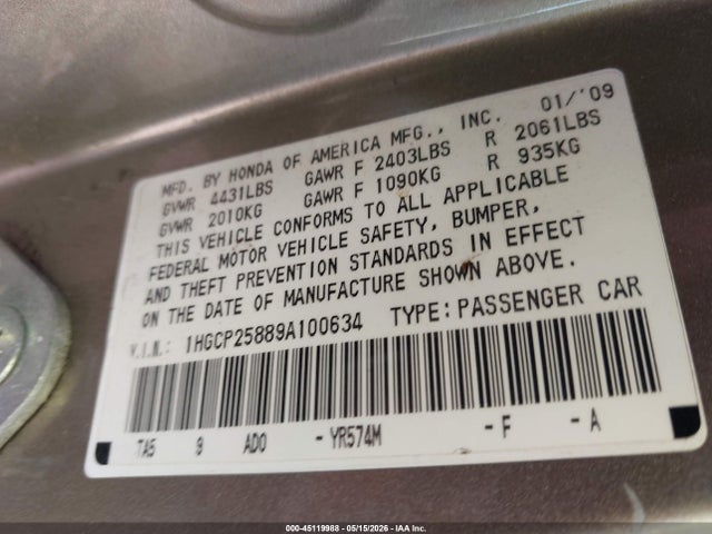 2009 Honda Accord 2.4 Ex-l მანქანა იყიდება აუქციონზე, vin: 1HGCP25889A100634, აუქციონის ნომერი: 45119988