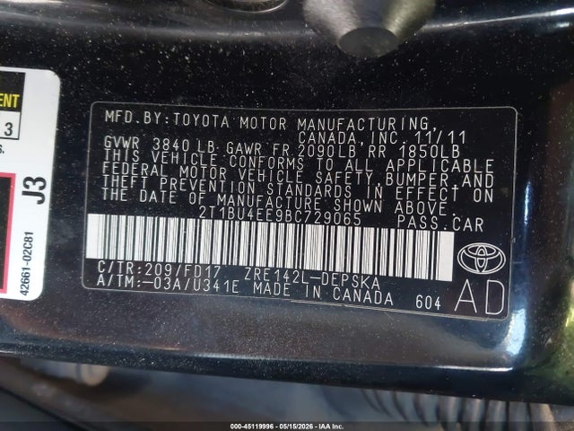 2011 Toyota Corolla S მანქანა იყიდება აუქციონზე, vin: 2T1BU4EE9BC729065, აუქციონის ნომერი: 45119996