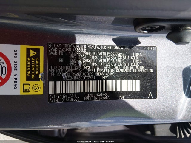 Aukcja sprzedaży 2012 Lexus Rx 350, vin: 2T2ZK1BA5CC072864, numer aukcji: 45120013