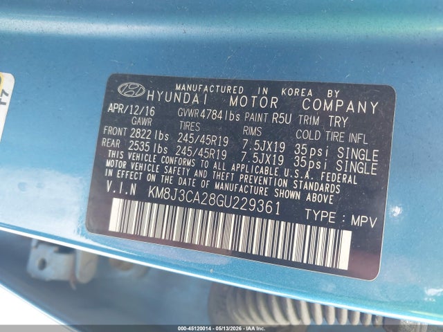 45120014 :رقم المزاد ، KM8J3CA28GU229361 vin ، 2016 Hyundai Tucson Limited مزاد بيع