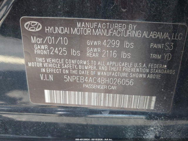45120024 :رقم المزاد ، 5NPEB4AC4BH026056 vin ، 2011 Hyundai Sonata Gls مزاد بيع