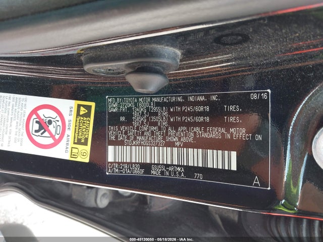 Продаж на аукціоні авто 2016 Toyota Highlander Xle V6, vin: 5TDJKRFH0GS327327, номер лоту: 45120050