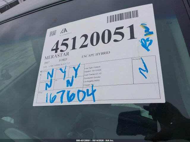 45120051 :رقم المزاد ، 1FMCU49H67KA31717 vin ، 2007 Ford Escape Hybrid مزاد بيع