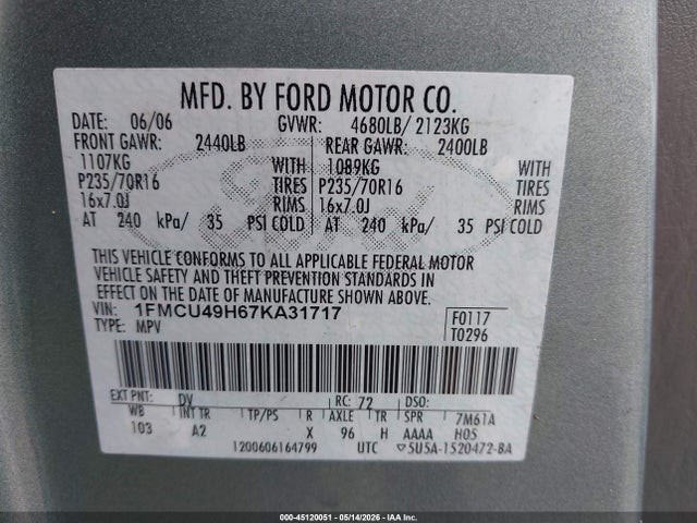 45120051 :رقم المزاد ، 1FMCU49H67KA31717 vin ، 2007 Ford Escape Hybrid مزاد بيع