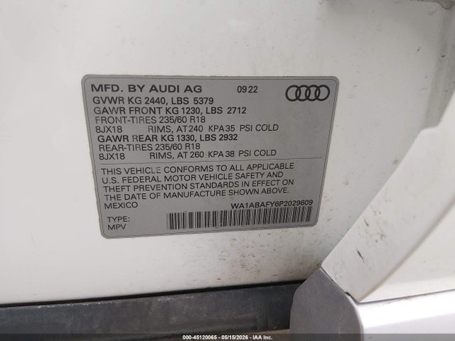 Продажа на аукционе авто 2023 Audi Q5 Premium 40 Tfsi Quattro S Tronic, vin: WA1ABAFY6P2029609, номер лота: 45120065