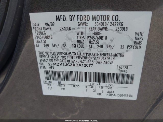 2010 Ford Edge Sel მანქანა იყიდება აუქციონზე, vin: 2FMDK3JC3ABA12077, აუქციონის ნომერი: 45120084