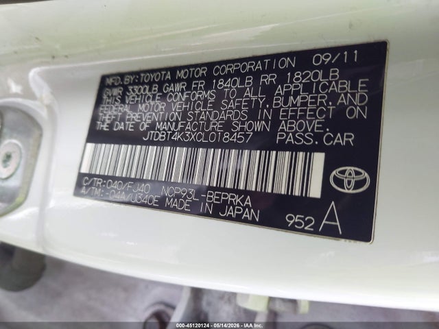 Продаж на аукціоні авто 2012 Toyota Yaris, vin: JTDBT4K3XCL018457, номер лоту: 45120124