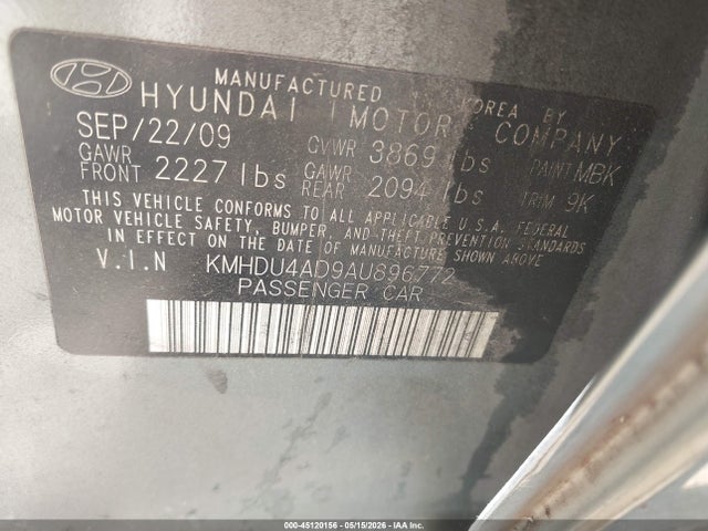 2010 Hyundai Elantra Gls მანქანა იყიდება აუქციონზე, vin: KMHDU4AD9AU896772, აუქციონის ნომერი: 45120156