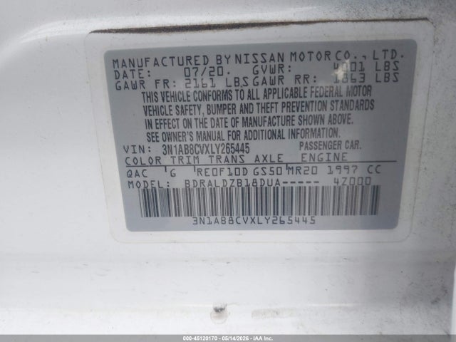 45120170 :رقم المزاد ، 3N1AB8CVXLY265445 vin ، 2020 Nissan Sentra Sv Xtronic Cvt مزاد بيع