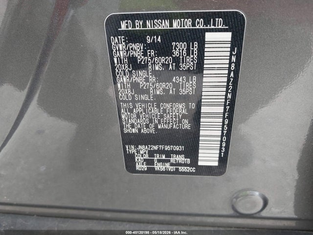 Продажа на аукционе авто 2015 Infiniti Qx80, vin: JN8AZ2NF7F9570931, номер лота: 45120198