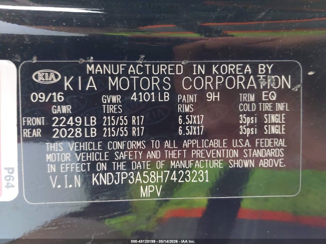 45120199 :رقم المزاد ، KNDJP3A58H7423231 vin ، 2017 Kia Soul + مزاد بيع
