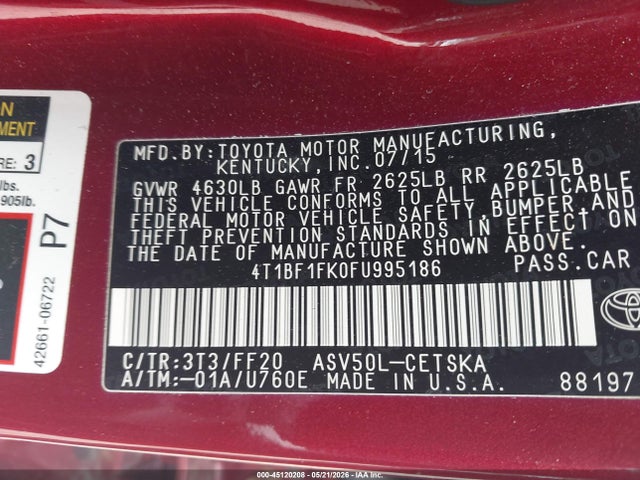 45120208 :رقم المزاد ، 4T1BF1FK0FU995186 vin ، 2015 Toyota Camry Se مزاد بيع
