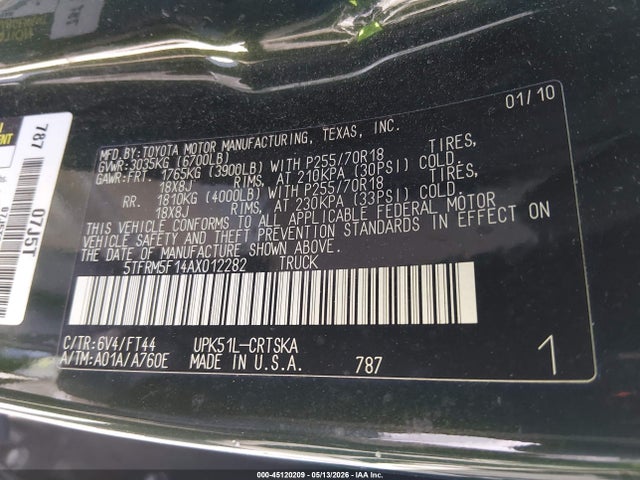 2010 Toyota Tundra Grade 4.6l V8 მანქანა იყიდება აუქციონზე, vin: 5TFRM5F14AX012282, აუქციონის ნომერი: 45120209