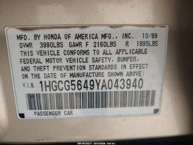45120217 :رقم المزاد ، 1HGCG5649YA043940 vin ، 2000 Honda Accord 2.3 Lx مزاد بيع