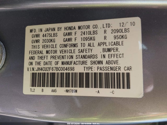 45120244 :رقم المزاد ، JH4CU2F67BC004698 vin ، 2011 Acura Tsx 2.4 مزاد بيع