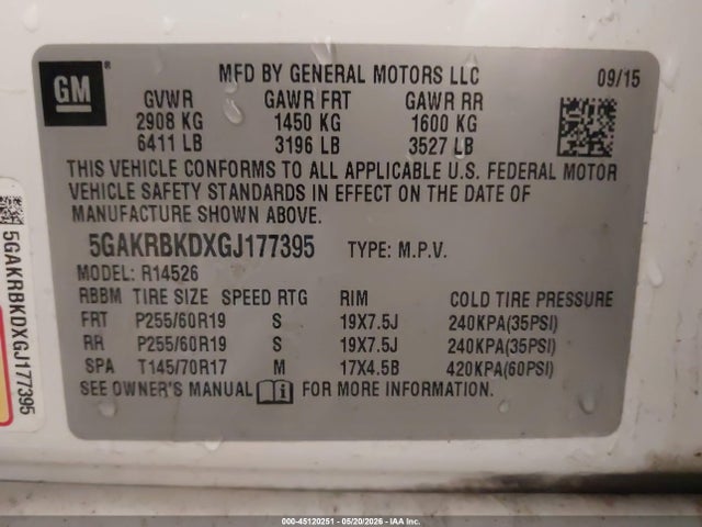 2016 Buick Enclave Leather მანქანა იყიდება აუქციონზე, vin: 5GAKRBKDXGJ177395, აუქციონის ნომერი: 45120251