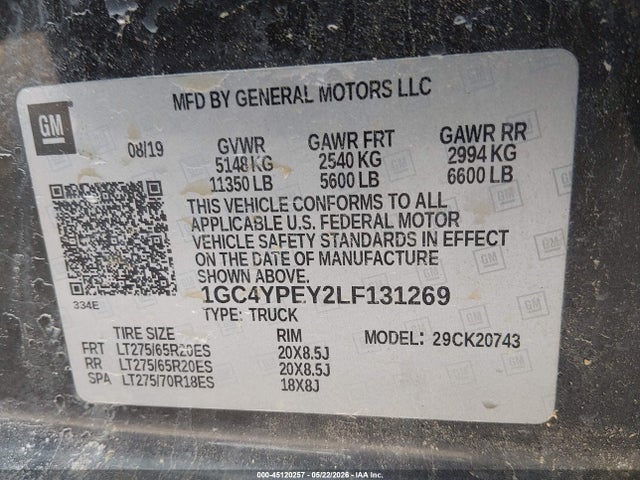 2020 Chevrolet Silverado 2500hd მანქანა იყიდება აუქციონზე, vin: 1GC4YPEY2LF131269, აუქციონის ნომერი: 45120257