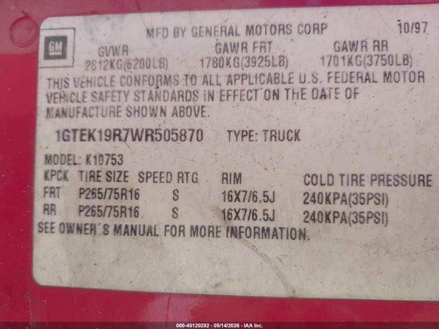 Auction sale of the 1998 Gmc Sierra 1500 Sl Wideside, vin: 1GTEK19R7WR505870, lot number: 45120282